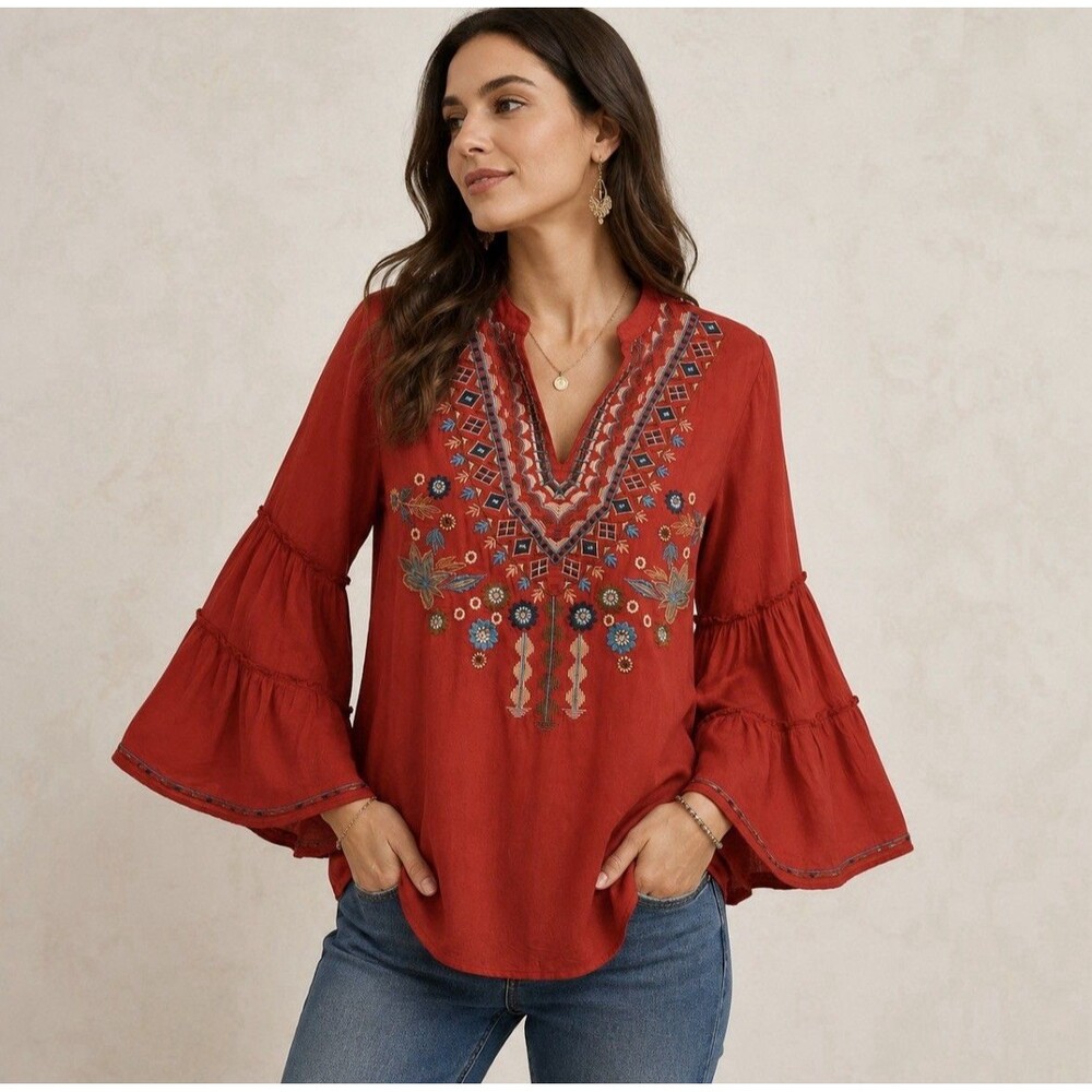 Scully Womens M Rust Orange Embroidered Tiered Bell Sleeve Boho Peasant Top